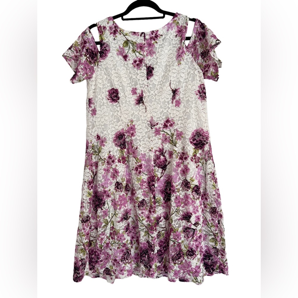 ELLE Women’s Floral Cold Shoulder Lace Dress. Size L Color White Lilac Purple